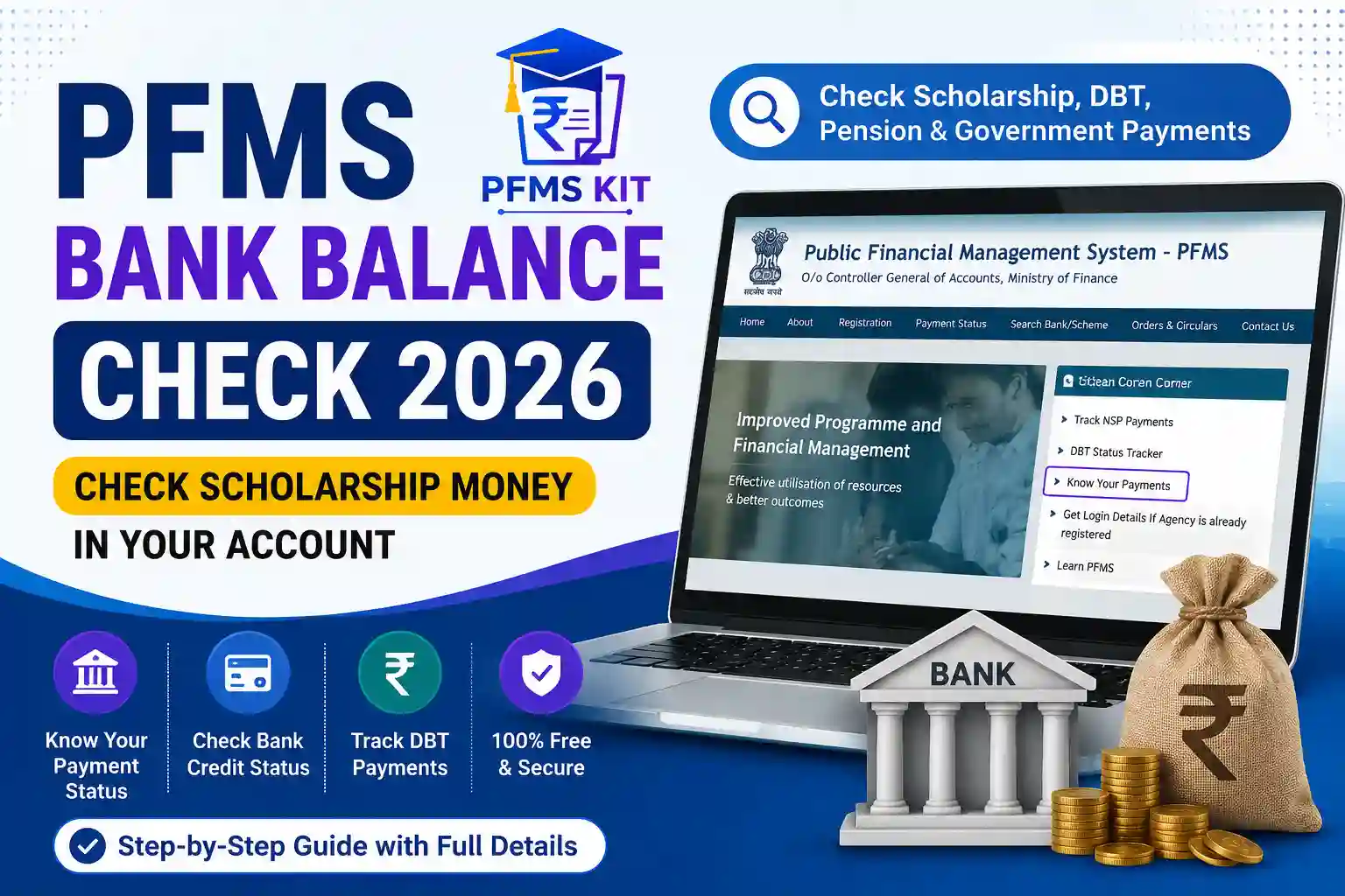 PFMS Bank Balance Check 2026 featured image showing the official PFMS portal to check scholarship, DBT, pension, and government payment status online.