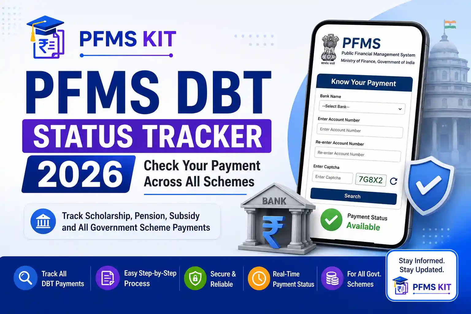 PFMS DBT Status Tracker 2026 showing how to check scholarship, pension, subsidy and government scheme payment status online.